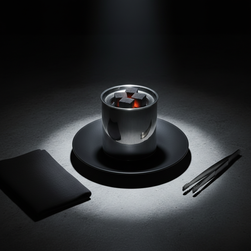 A photographic still life of a preparation ritual, where a minimalist stainless-steel charcoal burner holds several Obsidian charcoal cubes heating, their edges starting to glow faintly.