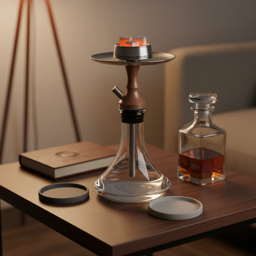 A photographic scene of a meticulously arranged hookah setup on a low, dark wood table, featuring a gleaming modern hookah base and a heat management device filled with perfectly glowing Obsidian charcoal cubes.