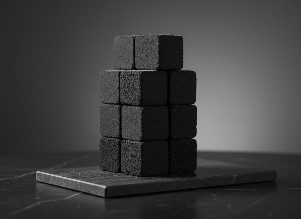 A close-up photographic image of a neat stack of premium hookah charcoal cubes, each with perfectly sharp edges and a deep matte black surface, showing fine porous texture and subtle ash dusting on top. The stack rests on a dark, polished stone tray set on a minimalist black marble tabletop. Soft, diffused studio lighting from the side creates refined highlights on the charcoal edges and gentle, elongated shadows, emphasizing geometry and craftsmanship. The background falls into a smooth, out-of-focus gradient of charcoal gray, evoking luxury and sophistication. Shot at eye level with a shallow depth of field, the composition is centered and uncluttered, conveying purity, quality, and reliability for discerning hookah enthusiasts.