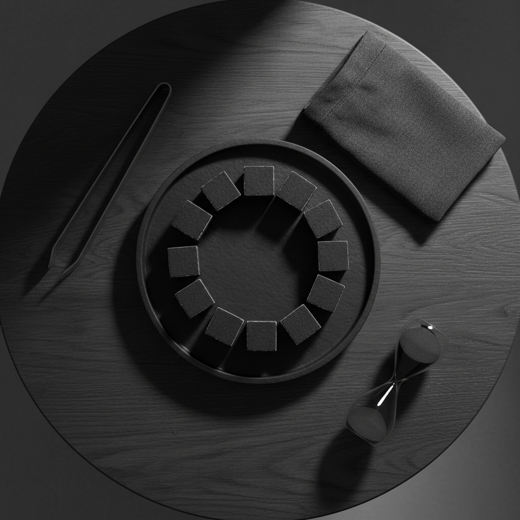 An overhead photographic view of an elegant, monochrome hookah lounge vignette, centered on a round black stone tray holding evenly spaced, unlit Obsidian charcoal cubes, each perfectly uniform in size and finish.