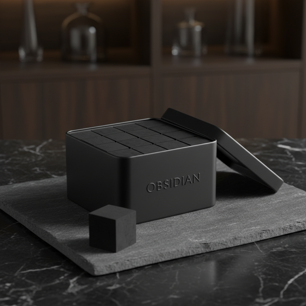 A detailed photographic close-up of a branded charcoal storage scene, featuring a matte black minimalist tin container revealing neatly stacked Obsidian charcoal cubes inside.