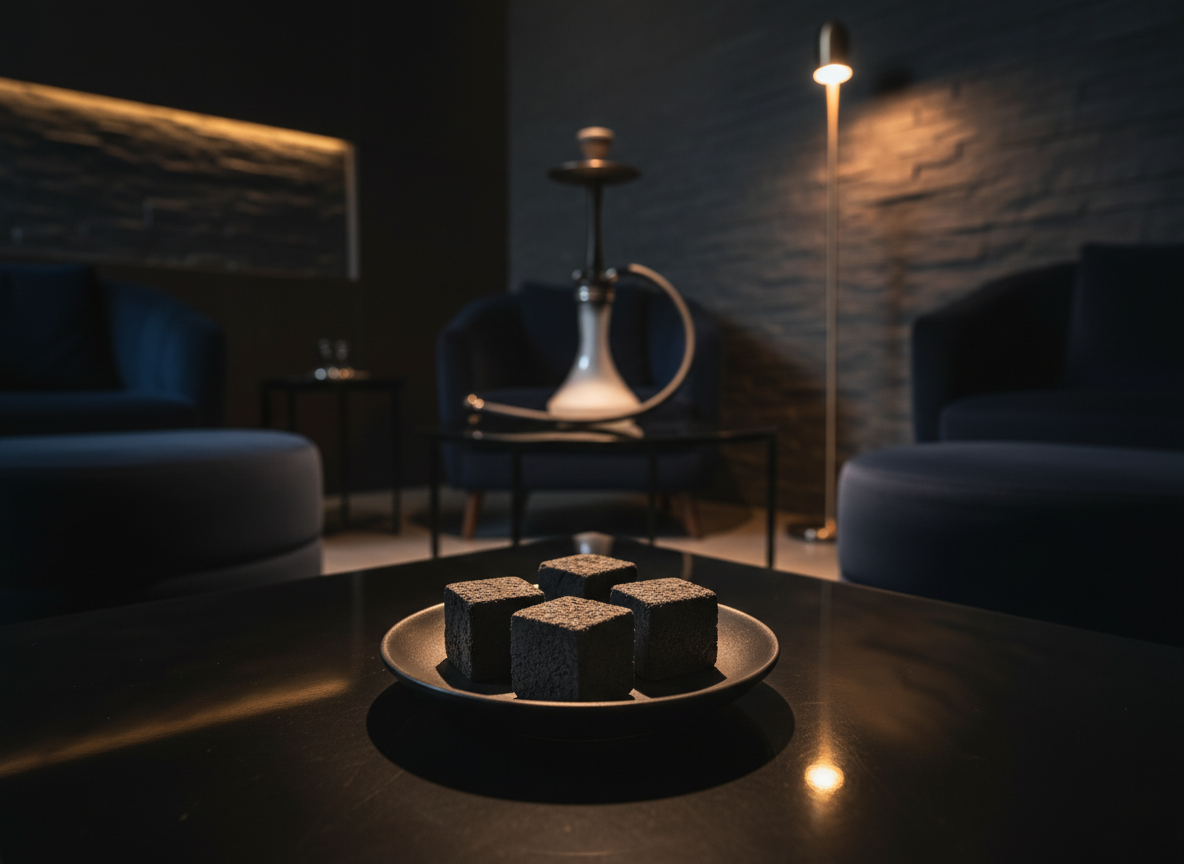A wide, cinematic photographic shot of a luxurious private lounge corner, featuring a single, sculptural hookah on a low black glass table. In the foreground, slightly off-center, a shallow matte ceramic dish showcases a few unused Obsidian charcoal cubes arranged in a deliberate pattern, each cube pristine and uniform. The environment includes dark velvet seating, a textured stone wall, and a subtle metallic floor lamp, all rendered as soft, out-of-focus shapes. Warm, dim ambient lighting with a focused spotlight on the charcoal dish creates a refined contrast, with smooth gradients of shadow. Captured at a low, three-quarter angle, the composition leads the viewer’s eye from the charcoal forward into the sophisticated space. The mood is exclusive, serene, and aspirational, presenting the charcoal as a centerpiece of a high-end lifestyle.