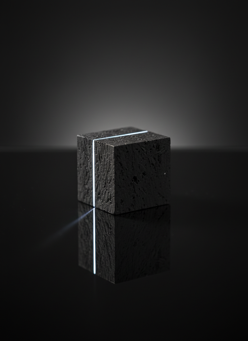 A macro photographic image of a single Obsidian charcoal cube resting on an ultra-smooth black glass surface, its reflection crisply visible beneath it. The cube’s finely grained texture, sharply defined corners, and subtle matte sheen are rendered with extreme clarity, revealing tiny details of the charcoal structure. A gentle, narrow beam of cool white studio light skims across the top edge, creating a delicate highlight and a soft, elongated shadow on the reflective glass. The background dissolves into a seamless black-to-charcoal gradient with no distractions. Centered composition and very shallow depth of field keep the cube as the undeniable focal point. The mood is technical yet luxurious, conveying precision engineering, purity, and the premium nature of the product in an almost jewel-like presentation.
