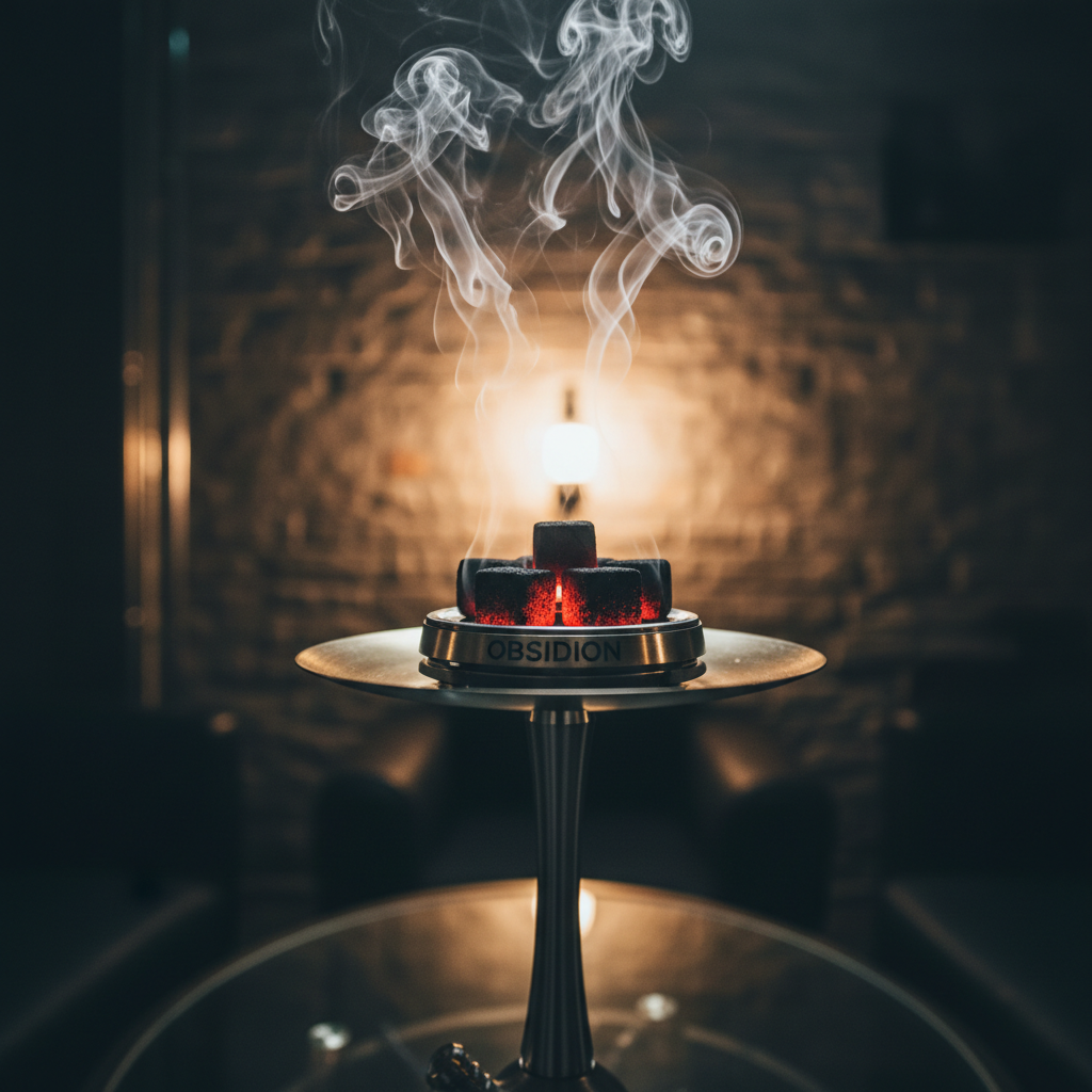 A cinematic, low-angle photographic shot of a modern hookah with Obsidian charcoal cubes glowing with a steady, controlled ember and elegant wisps of smoke rising against a dark interior.
